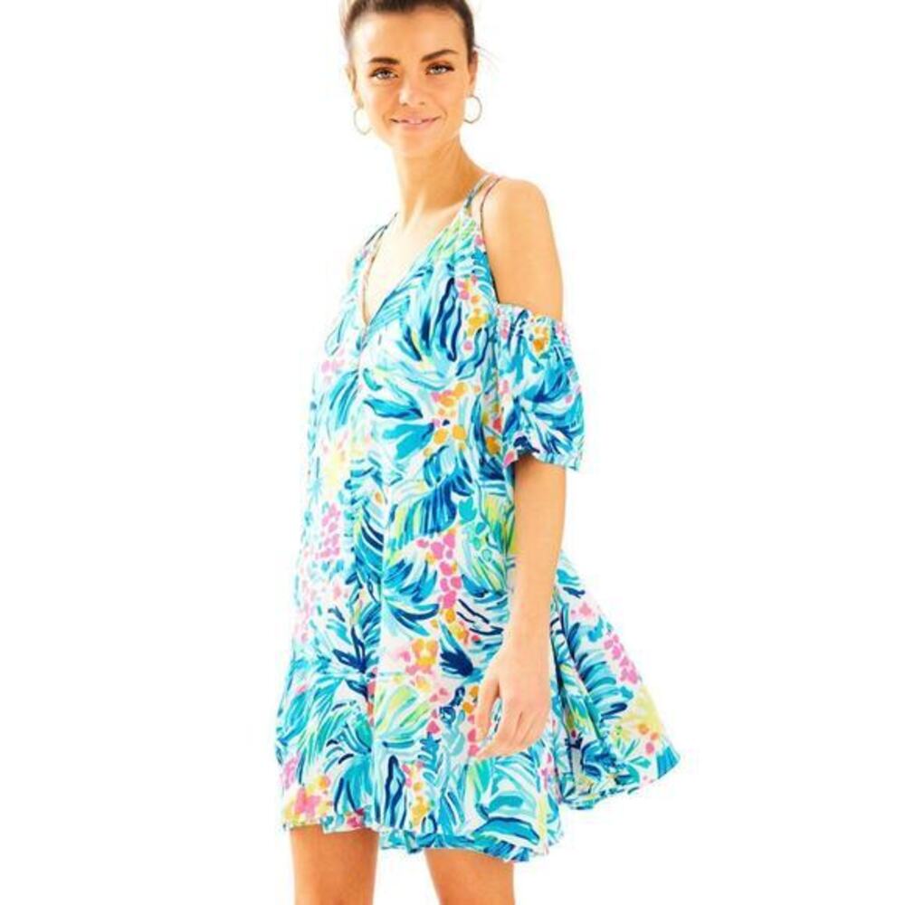 Lilly Pulitzer Women Bellamie Open Cold Shoulder Serene Blue‎ Swing Dress Small